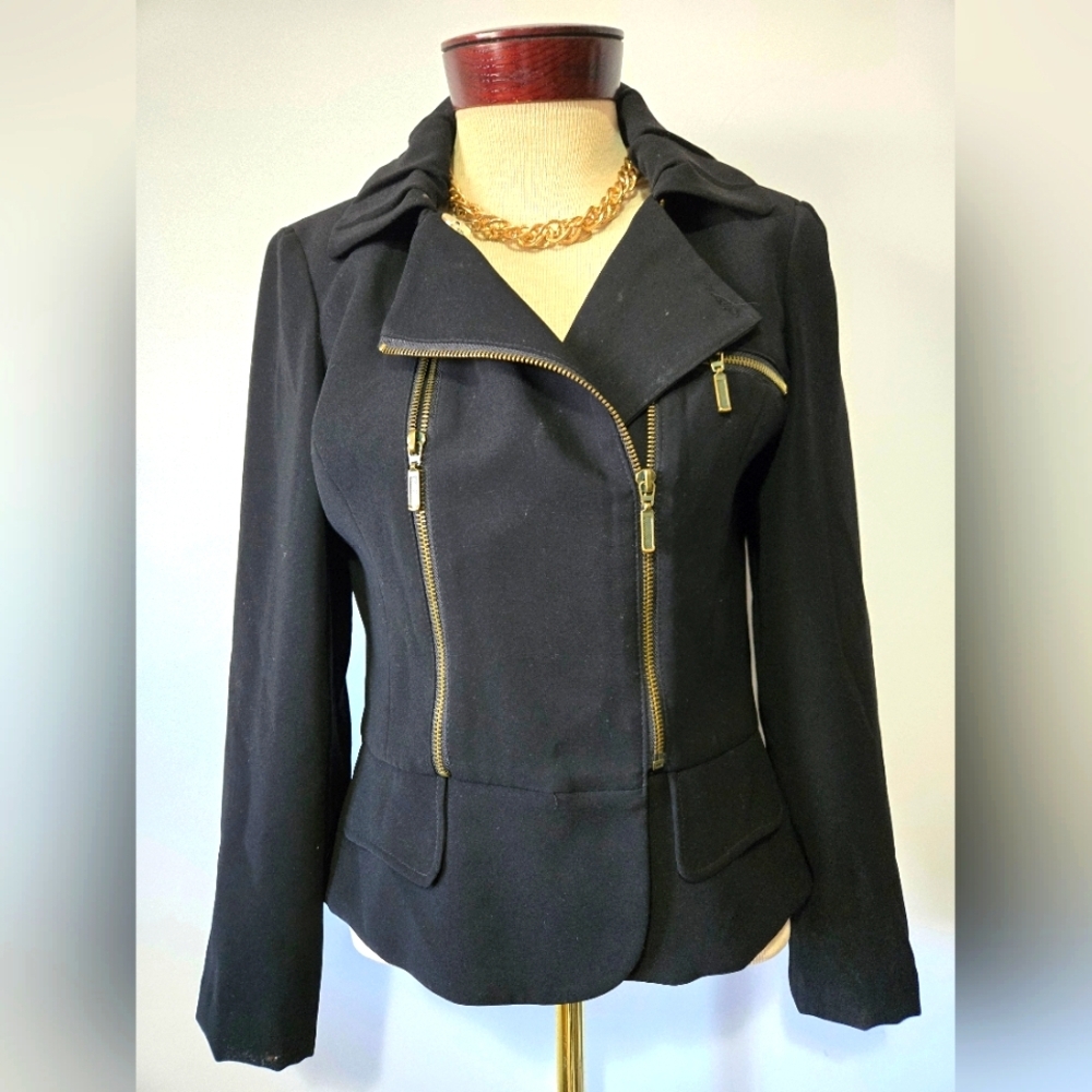 JOSEPH RIBKOFF Black Blazer/ Jacket  With Zippers And Pleated Collar. Size 6